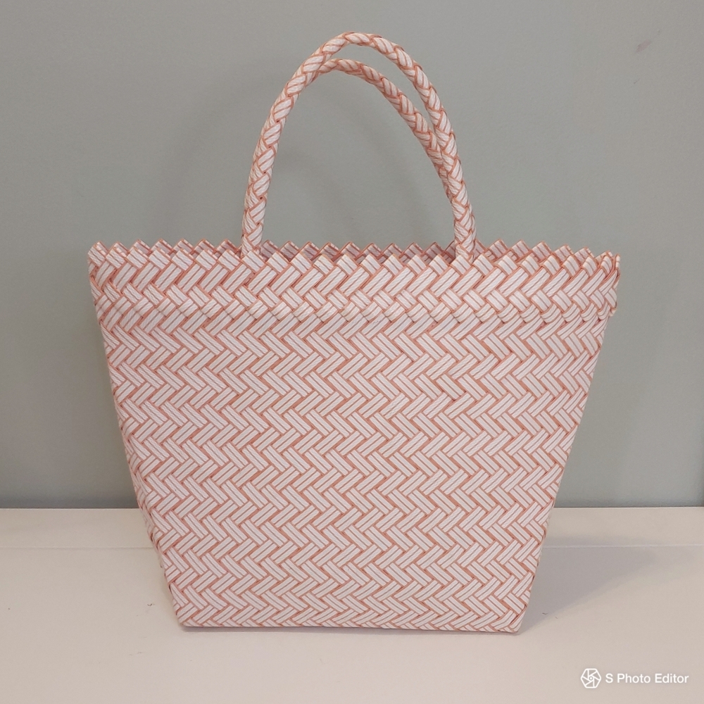 Handwoven women recycled Plastic pink, white tote style durable light lined Bag